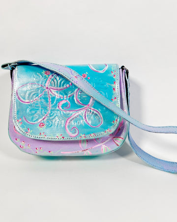 One-of-a-kind, hand painted, up cycled Mer Rose Atelier leather bag by artist  Marla Meridith