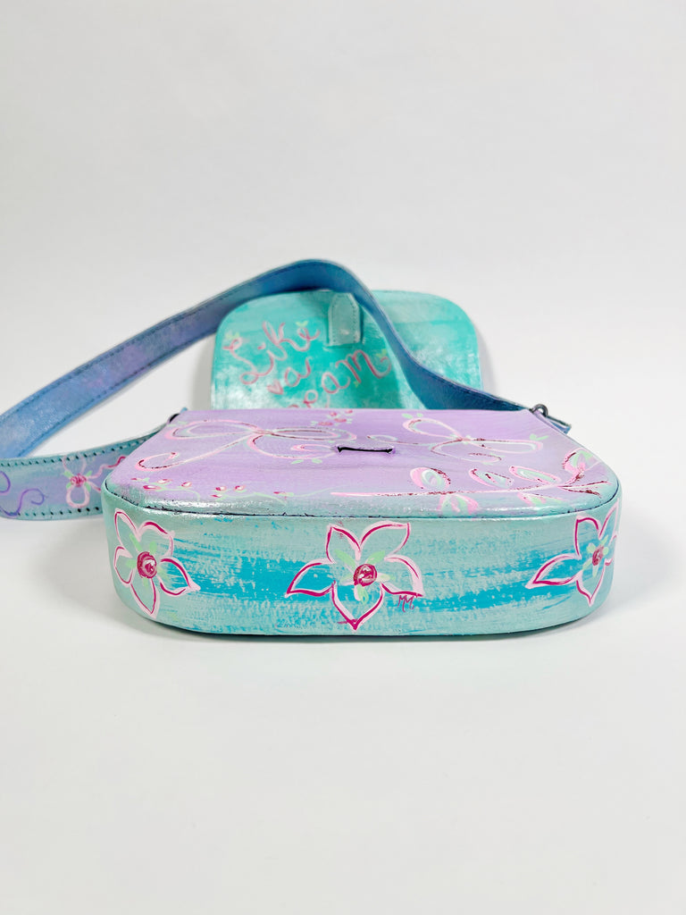 One-of-a-kind, hand painted, up cycled Mer Rose Atelier leather bag by artist  Marla Meridith