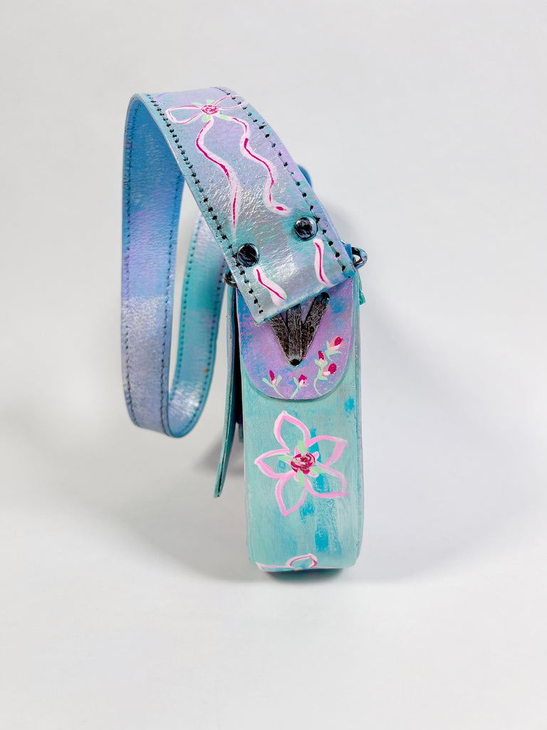 One-of-a-kind, hand painted, up cycled Mer Rose Atelier leather bag by artist  Marla Meridith