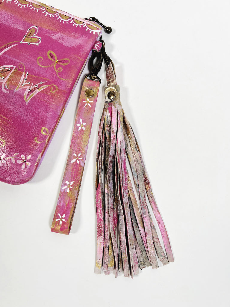 One-of-a-kind, hand painted, up cycled Mer Rose Atelier leather bag by artist  Marla Meridith