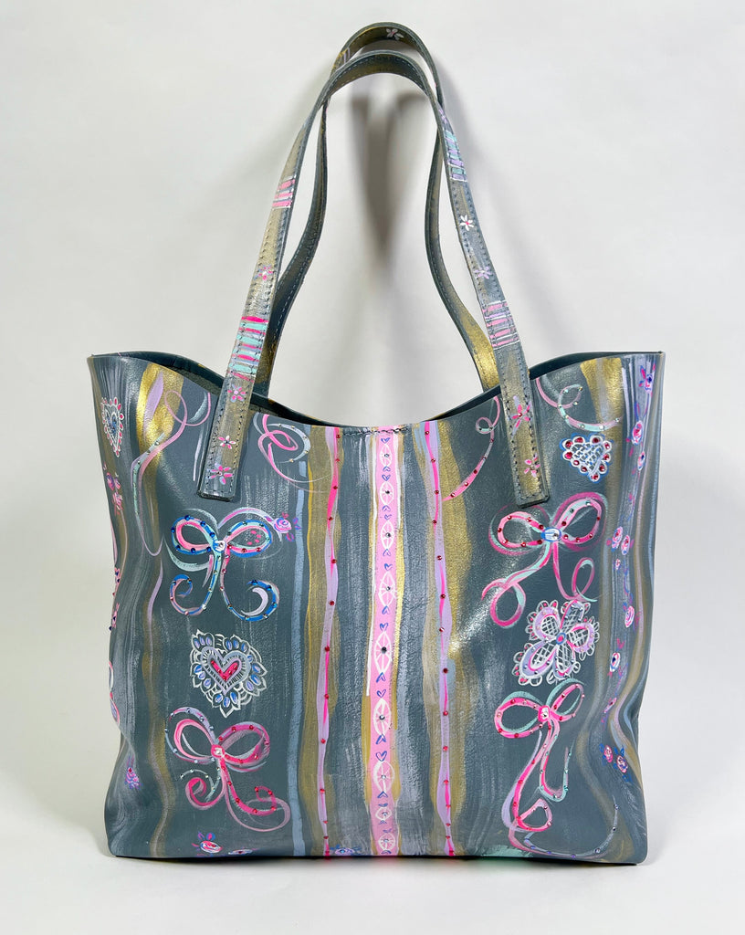 One-of-a-kind, hand painted, up cycled Mer Rose Atelier leather bag by artist  Marla Meridith