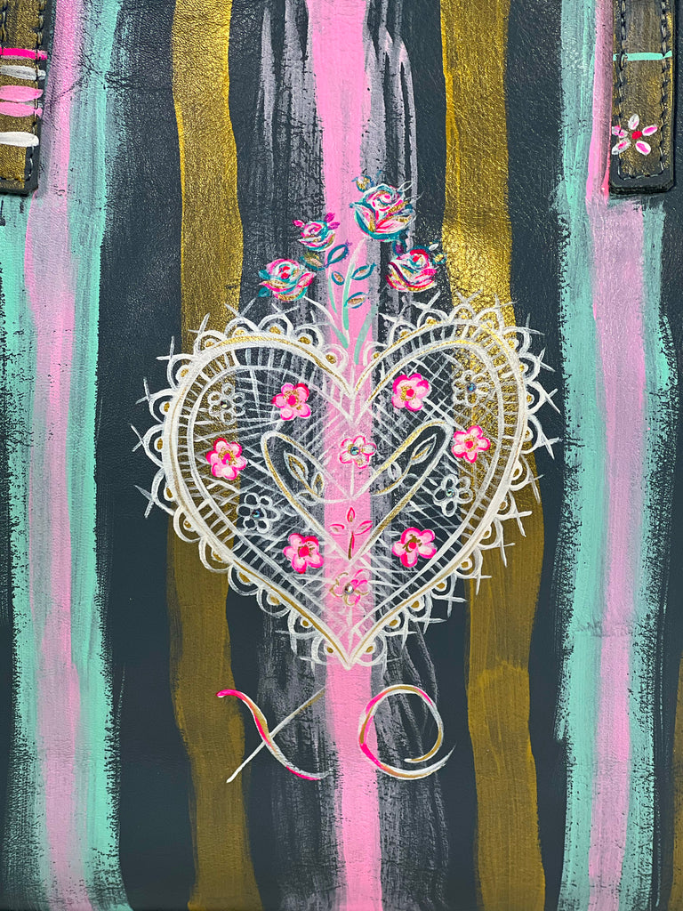 One-of-a-kind, hand painted, up cycled Mer Rose Atelier leather bag by artist  Marla Meridith