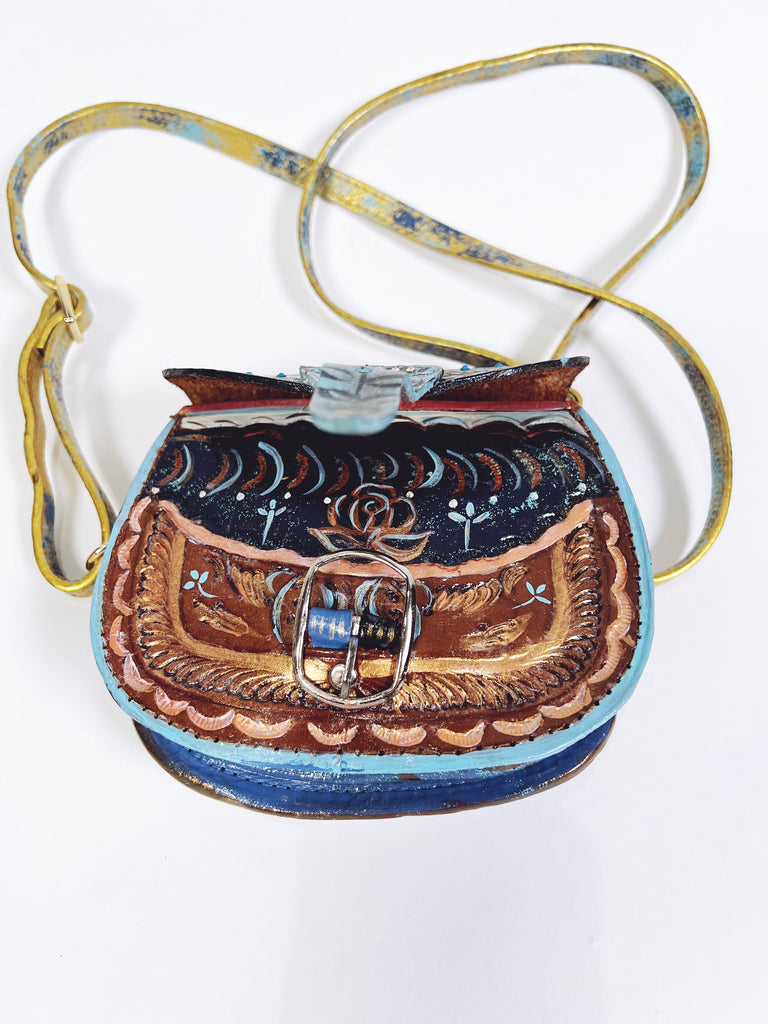Mini handpainted, vintage crossbody leather handbag by Mer Rose Atelier