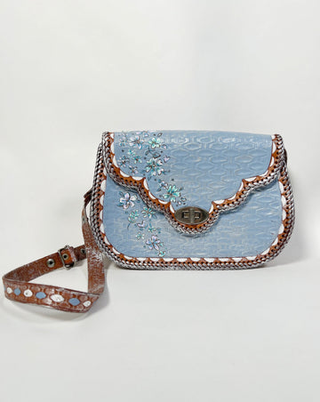 One-of-a-kind, hand painted, up cycled Mer Rose Atelier leather bag by artist  Marla Meridith