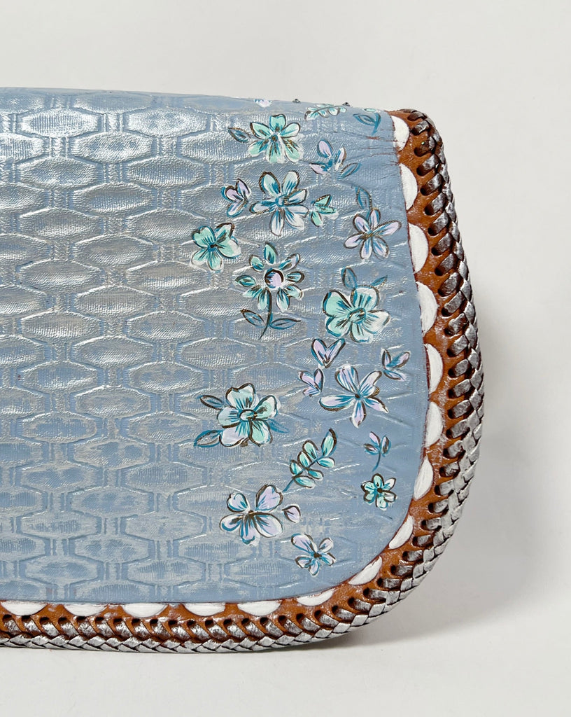 One-of-a-kind, hand painted, up cycled Mer Rose Atelier leather bag by artist  Marla Meridith