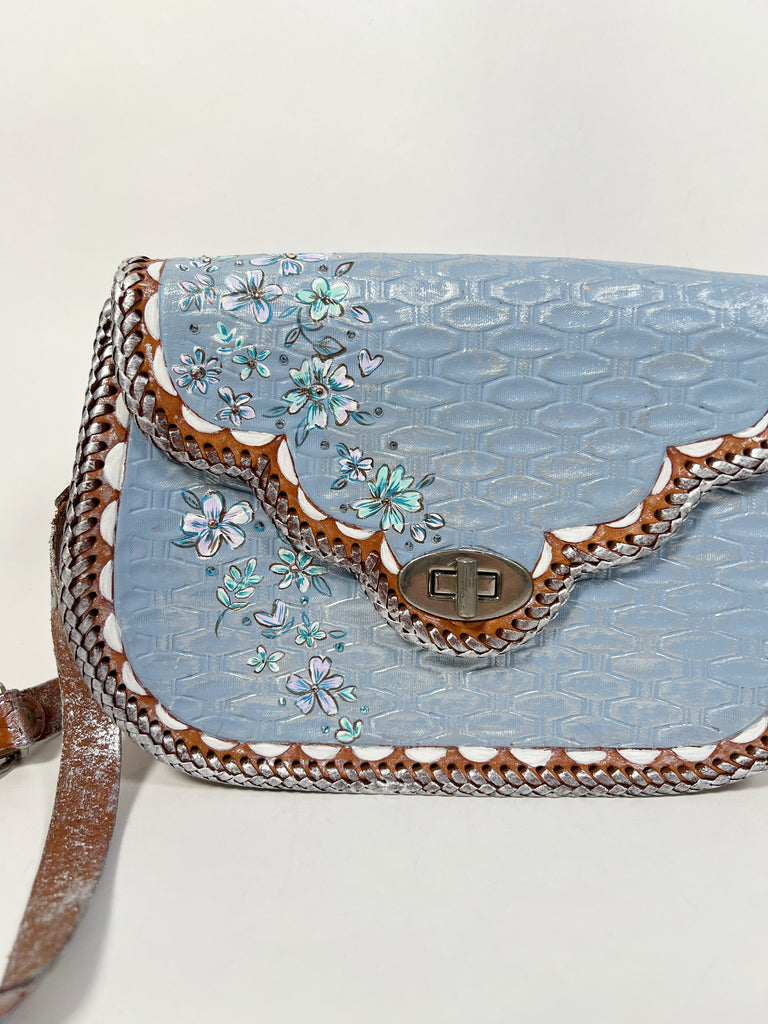 One-of-a-kind, hand painted, up cycled Mer Rose Atelier leather bag by artist  Marla Meridith