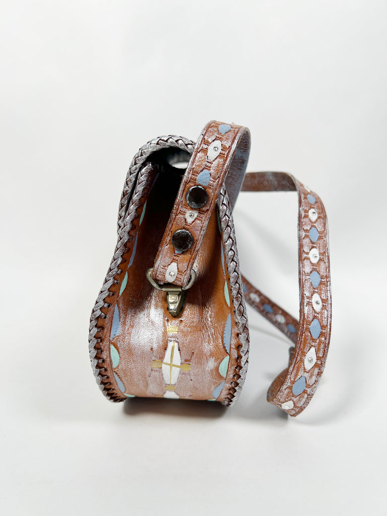 One-of-a-kind, hand painted, up cycled Mer Rose Atelier leather bag by artist  Marla Meridith