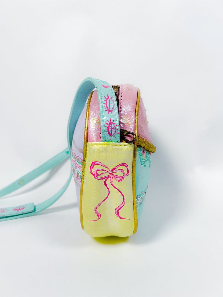 Mer Rose Atelier hand Painted, one-of-a-kind crossbody up cycled leather hand bag by artist Marla Meridith