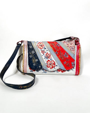 Mer Rose Atelier hand Painted, one-of-a-kind crossbody up cycled leather hand bag by artist Marla Meridith