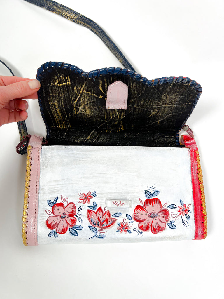 Mer Rose Atelier hand Painted, one-of-a-kind crossbody up cycled leather hand bag by artist Marla Meridith