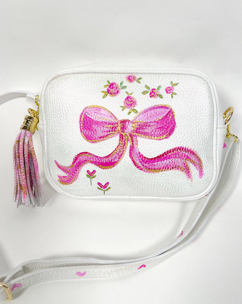 Mer Rose Atelier hand Painted, one-of-a-kind crossbody up cycled leather hand bag by artist Marla Meridith