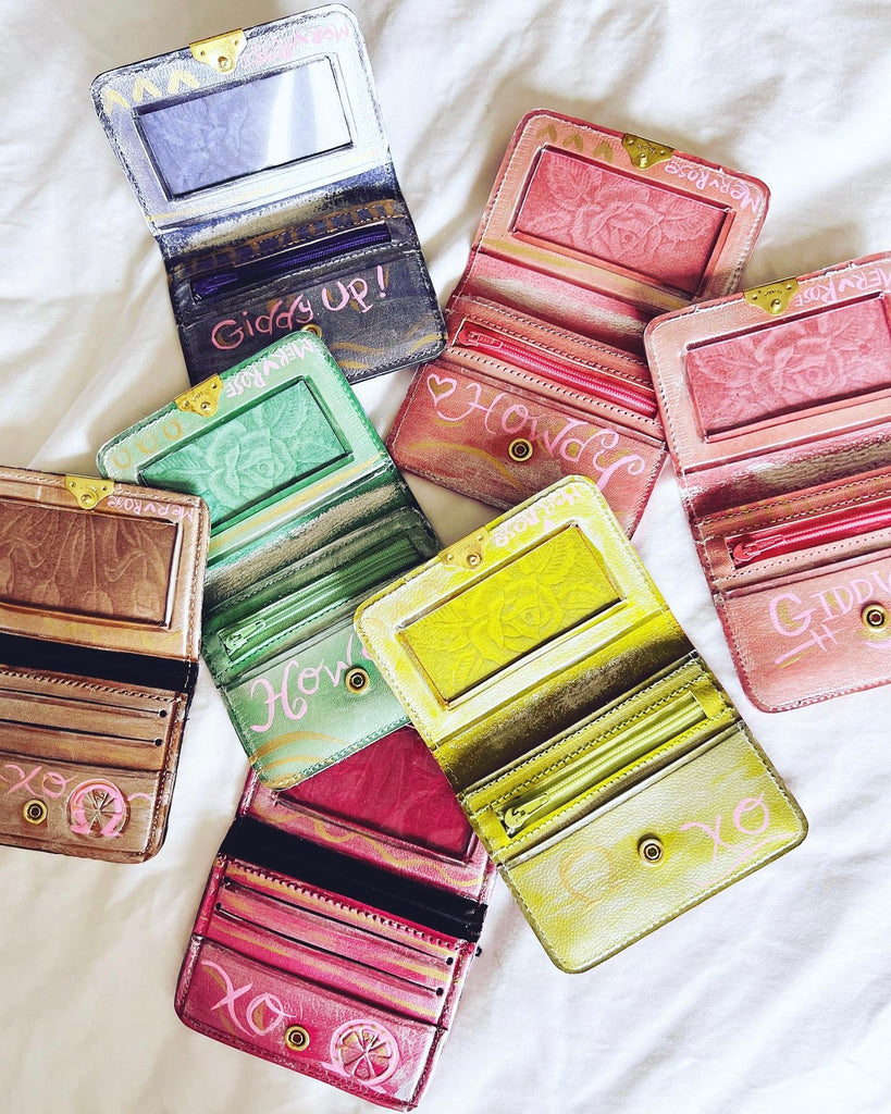 Mer Rose hand painted, one-of-a-kind embossed leather card holders.