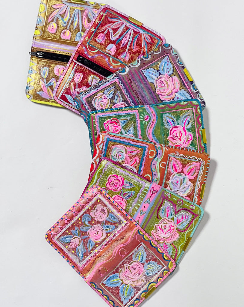 Mer Rose hand painted, one-of-a-kind embossed leather card holders.