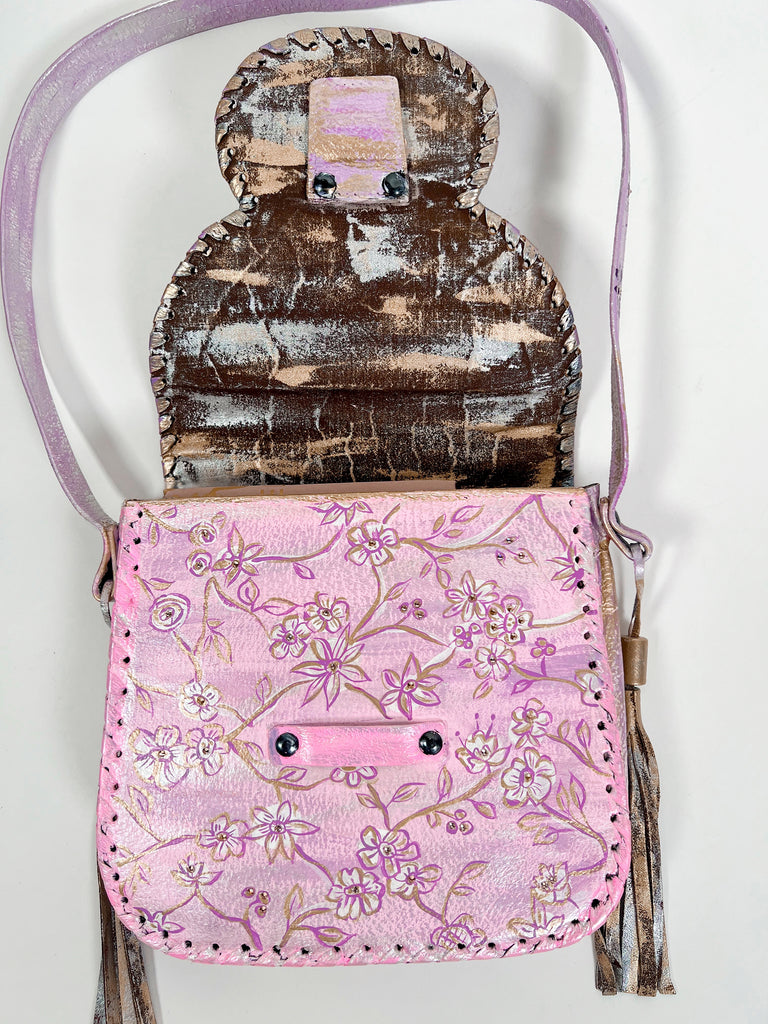 Mer Rose Atelier hand Painted, one-of-a-kind crossbody up cycled leather hand bag by artist Marla Meridith
