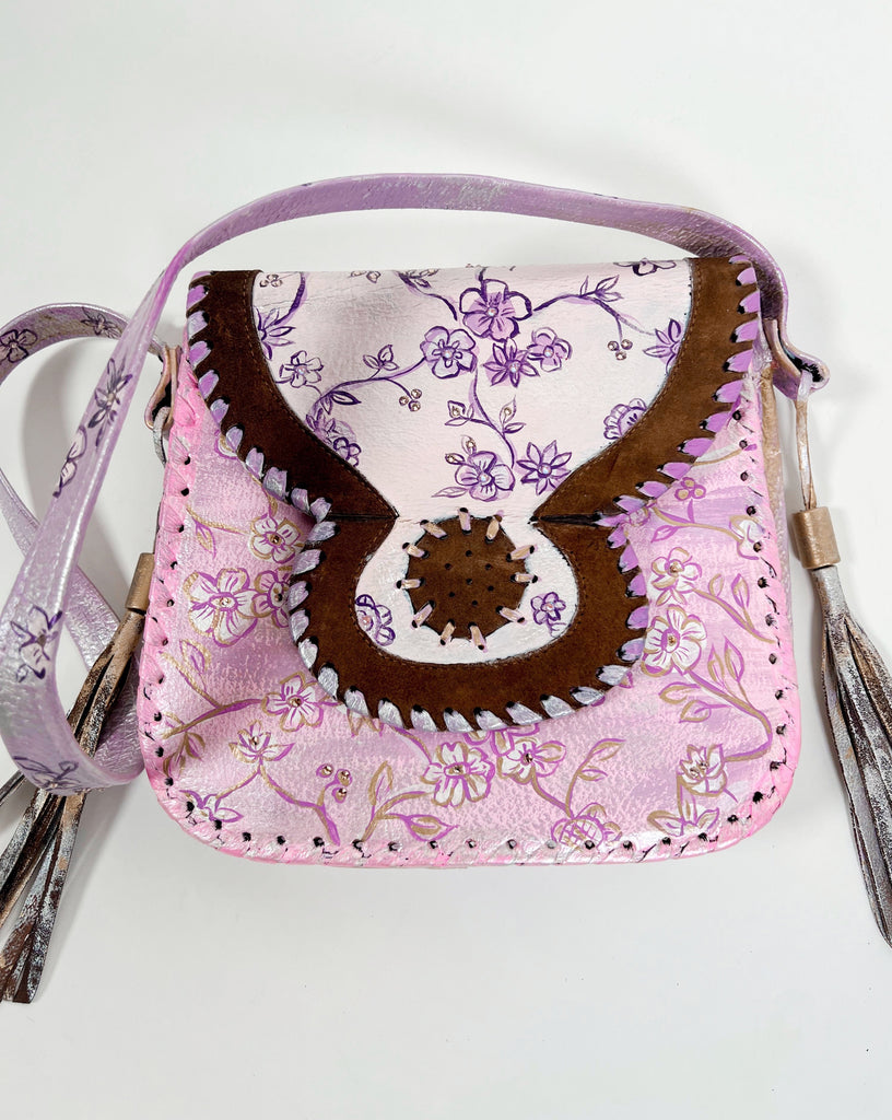 Mer Rose Atelier hand Painted, one-of-a-kind crossbody up cycled leather hand bag by artist Marla Meridith