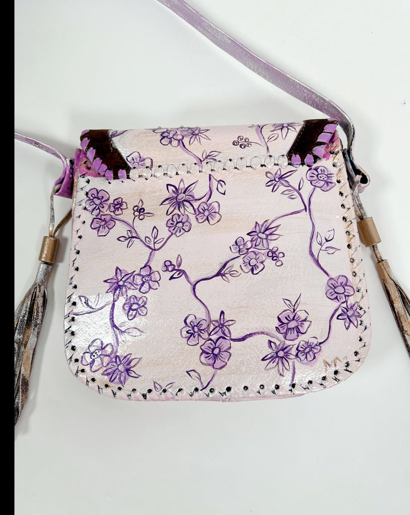 Mer Rose Atelier hand Painted, one-of-a-kind crossbody up cycled leather hand bag by artist Marla Meridith