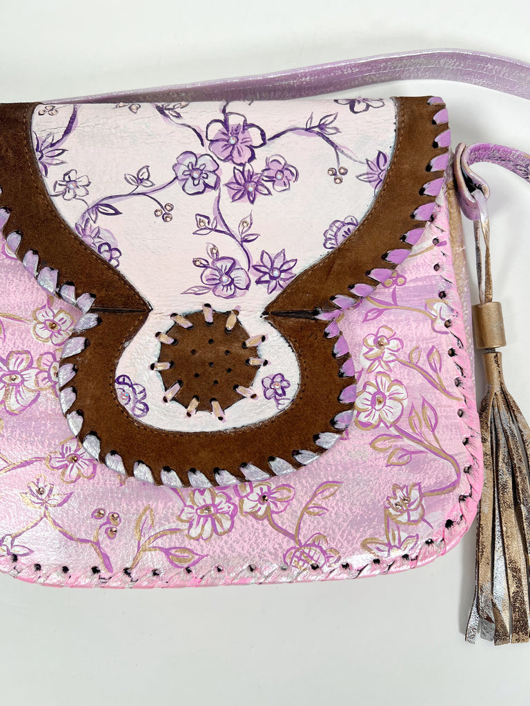 Mer Rose Atelier hand Painted, one-of-a-kind crossbody up cycled leather hand bag by artist Marla Meridith