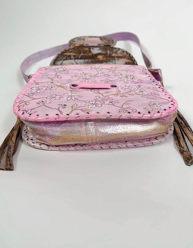 Mer Rose Atelier hand Painted, one-of-a-kind crossbody up cycled leather hand bag by artist Marla Meridith