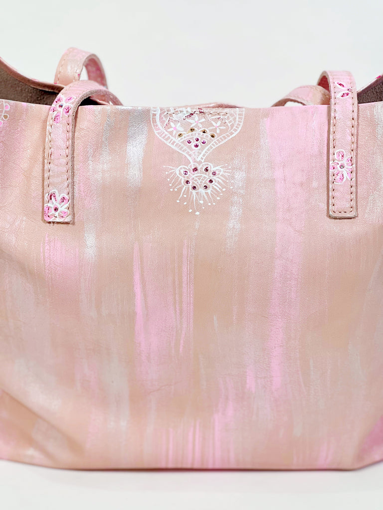 Mer Rose Atelier Colette pink tote bag hand painted with a lace pattern.