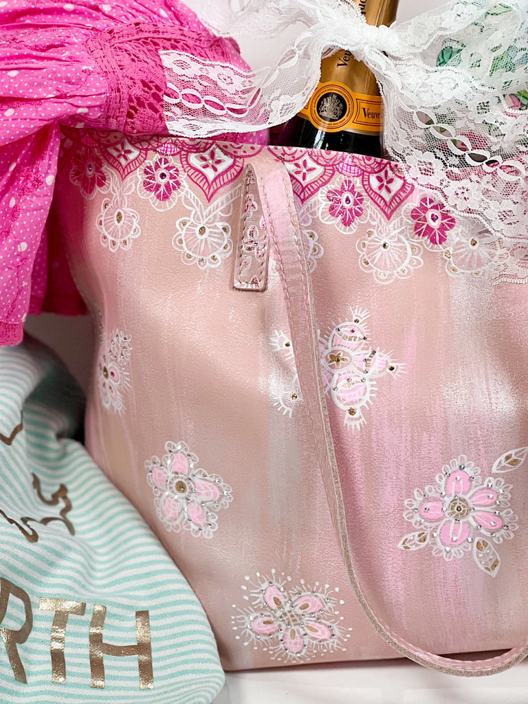 Mer Rose Atelier Colette pink tote bag hand painted with a lace pattern.