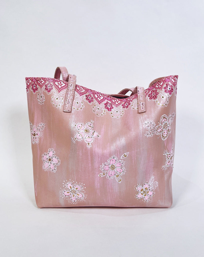 Mer Rose Atelier Colette pink tote bag hand painted with a lace pattern.