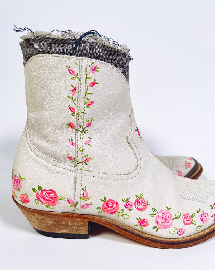 Upcycled, hand painted, one-of-a-kind clutch real leather hand boots by Mer Rose Atelier, Marla Meridith.