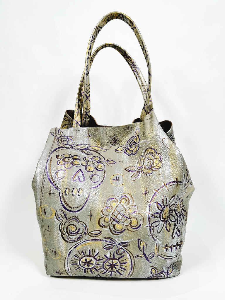 Madelina upcycled, hand-painted, leather tote with skull artwork by Marla Meridith for Mer Rose Atelier