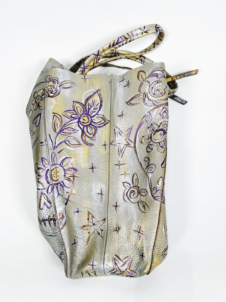 Madelina upcycled, hand-painted, leather tote with skull artwork by Marla Meridith for Mer Rose Atelier