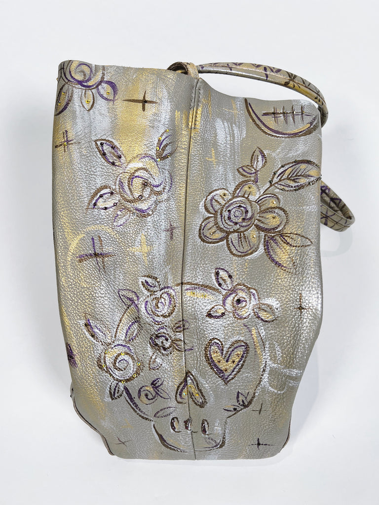 Madelina upcycled, hand-painted, leather tote with skull artwork by Marla Meridith for Mer Rose Atelier