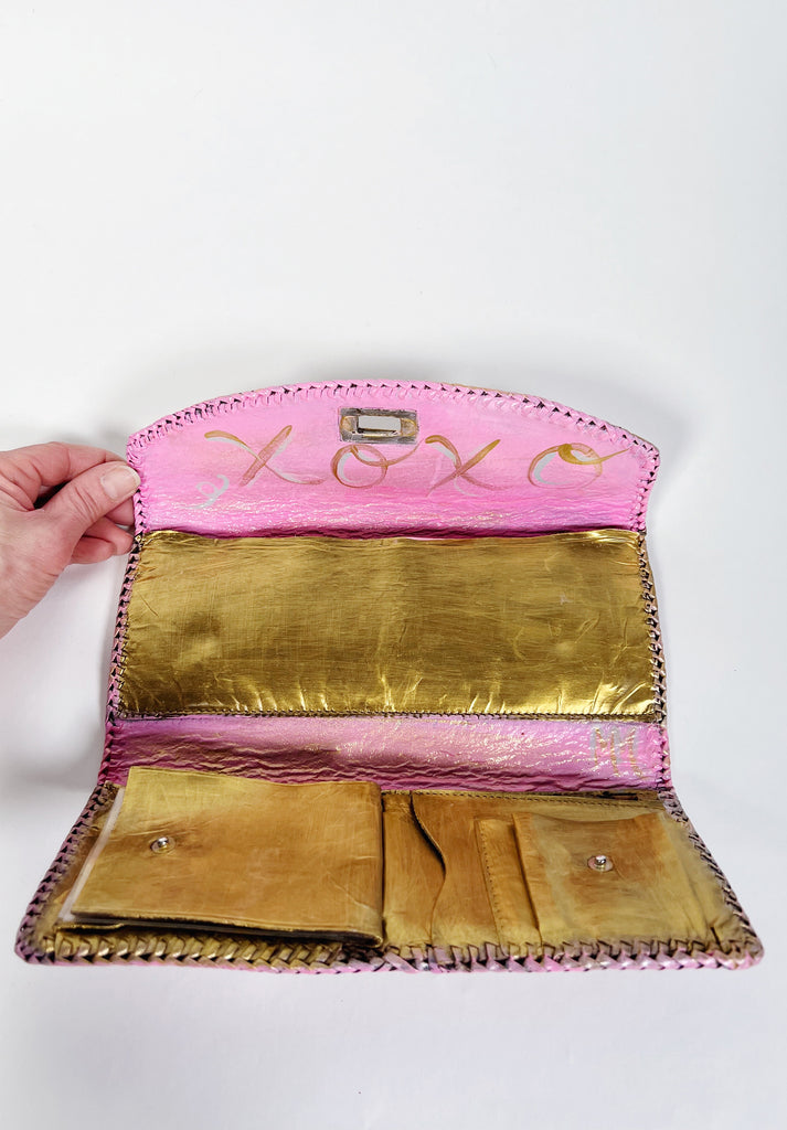 Hand painted, up cycled pink leather wallet from Mer Rose Atelier
