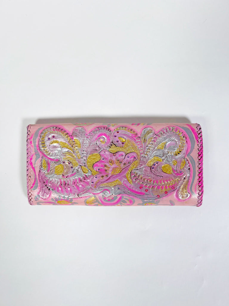 Hand painted, up cycled pink leather wallet from Mer Rose Atelier