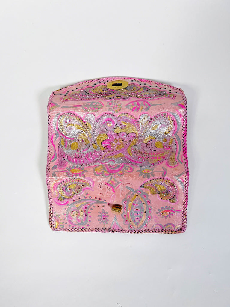 Hand painted, up cycled pink leather wallet from Mer Rose Atelier