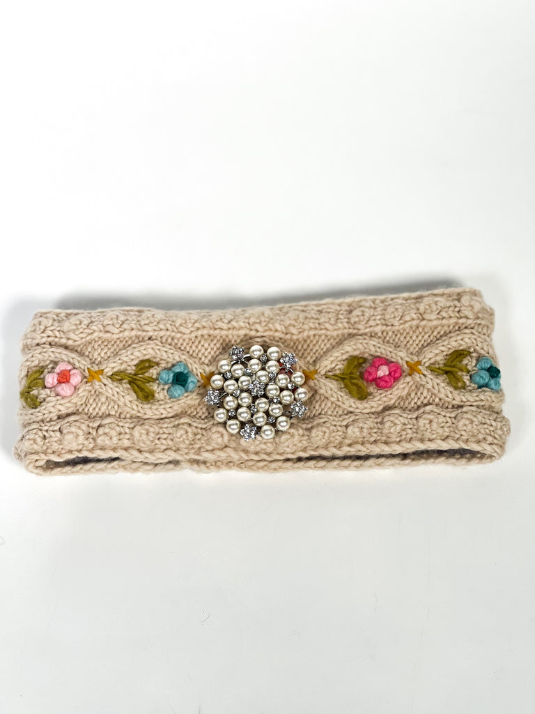 French Knot hand crafted headband with crystal brooch on Mer Rose Atelier 