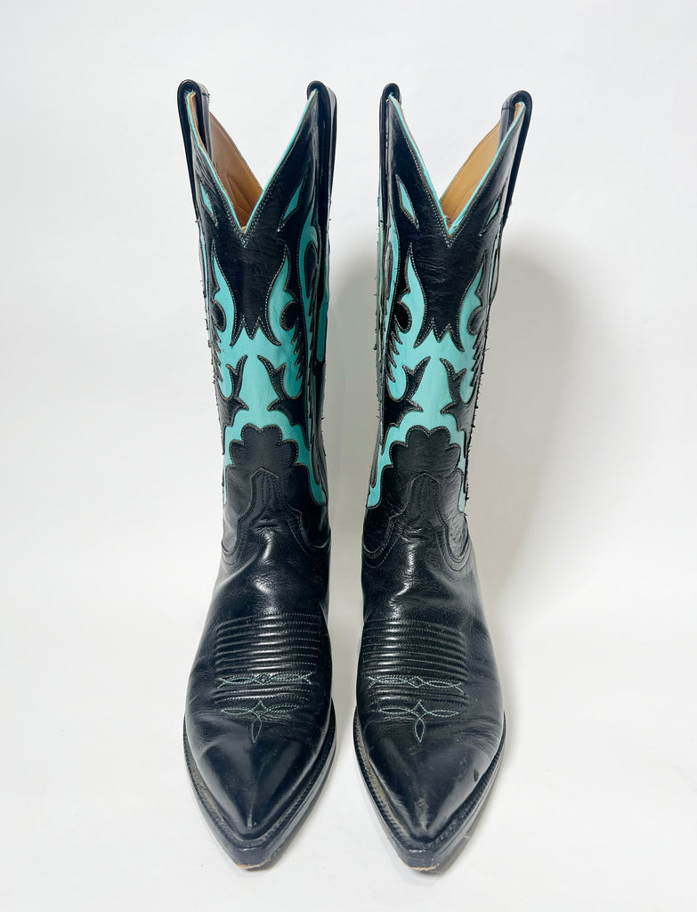 One-of-a-kind, hand painted Mer Rose Atelier cowboy boots are the ultimate fashion statement. 