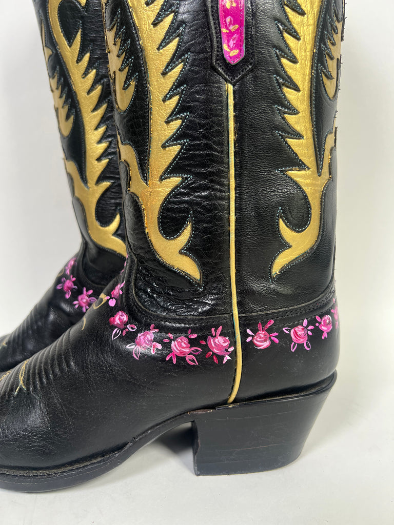 One-of-a-kind, hand painted Mer Rose Atelier cowboy boots are the ultimate fashion statement. 