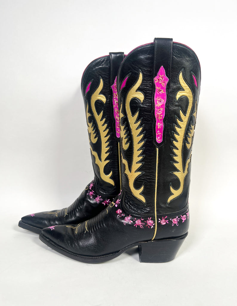 One-of-a-kind, hand painted Mer Rose Atelier cowboy boots are the ultimate fashion statement. 