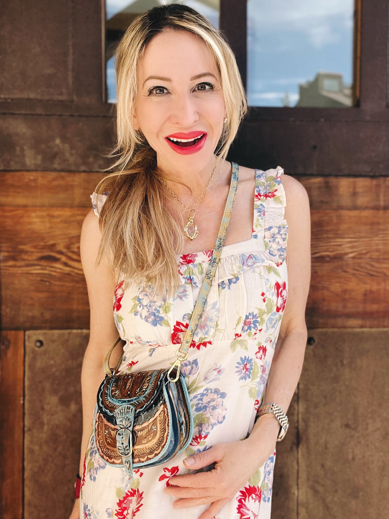 Mini handpainted, vintage crossbody leather handbag by Mer Rose Atelier worn by Marla Meridith wearing Love Shack Fancy