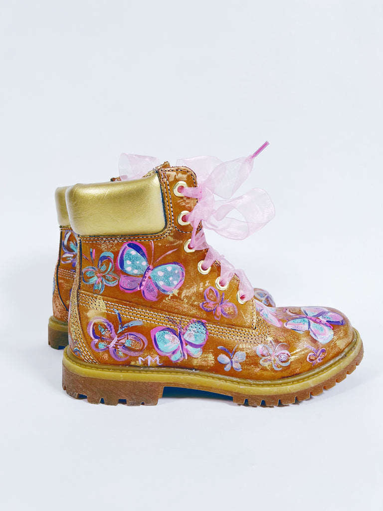 Papillon (Butterfly) Hand Painted, one-of-a-kind Timberland® work boots by Mer Rose Atelier