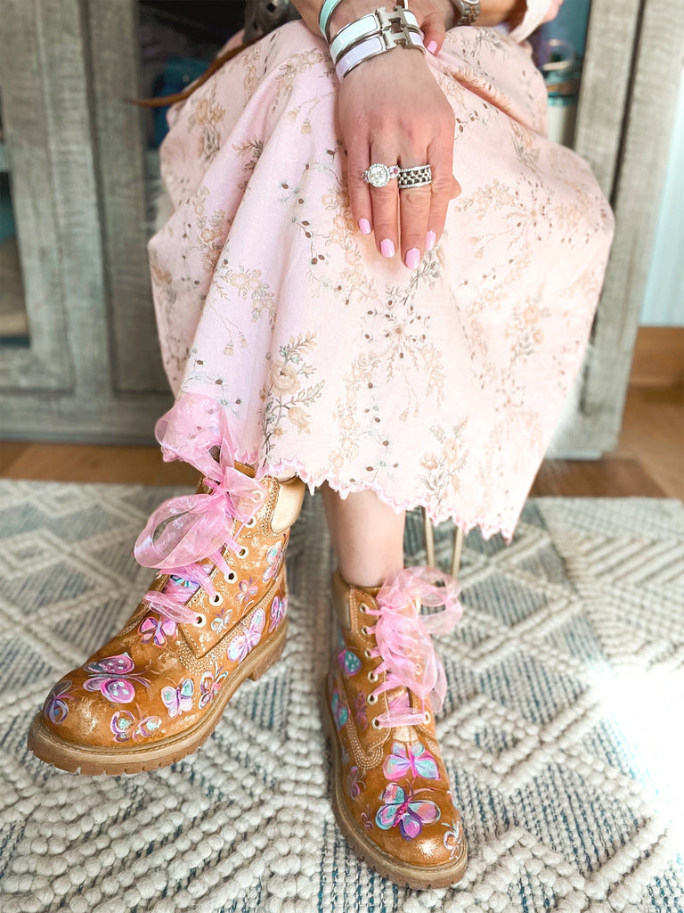 Papillon (Butterfly) Hand Painted, one-of-a-kind Timberland® work boots by Mer Rose Atelier