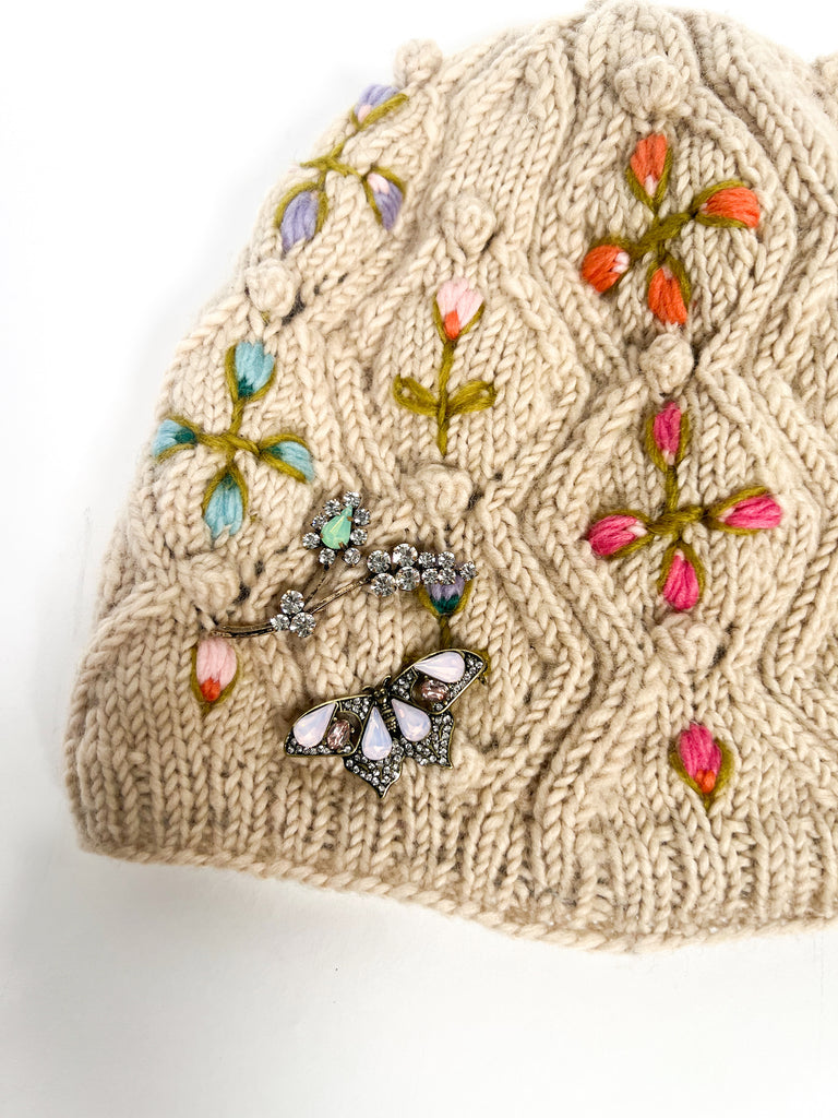 French Knot hand crafted Tilly Hat on Mer Rose Atelier with brooches